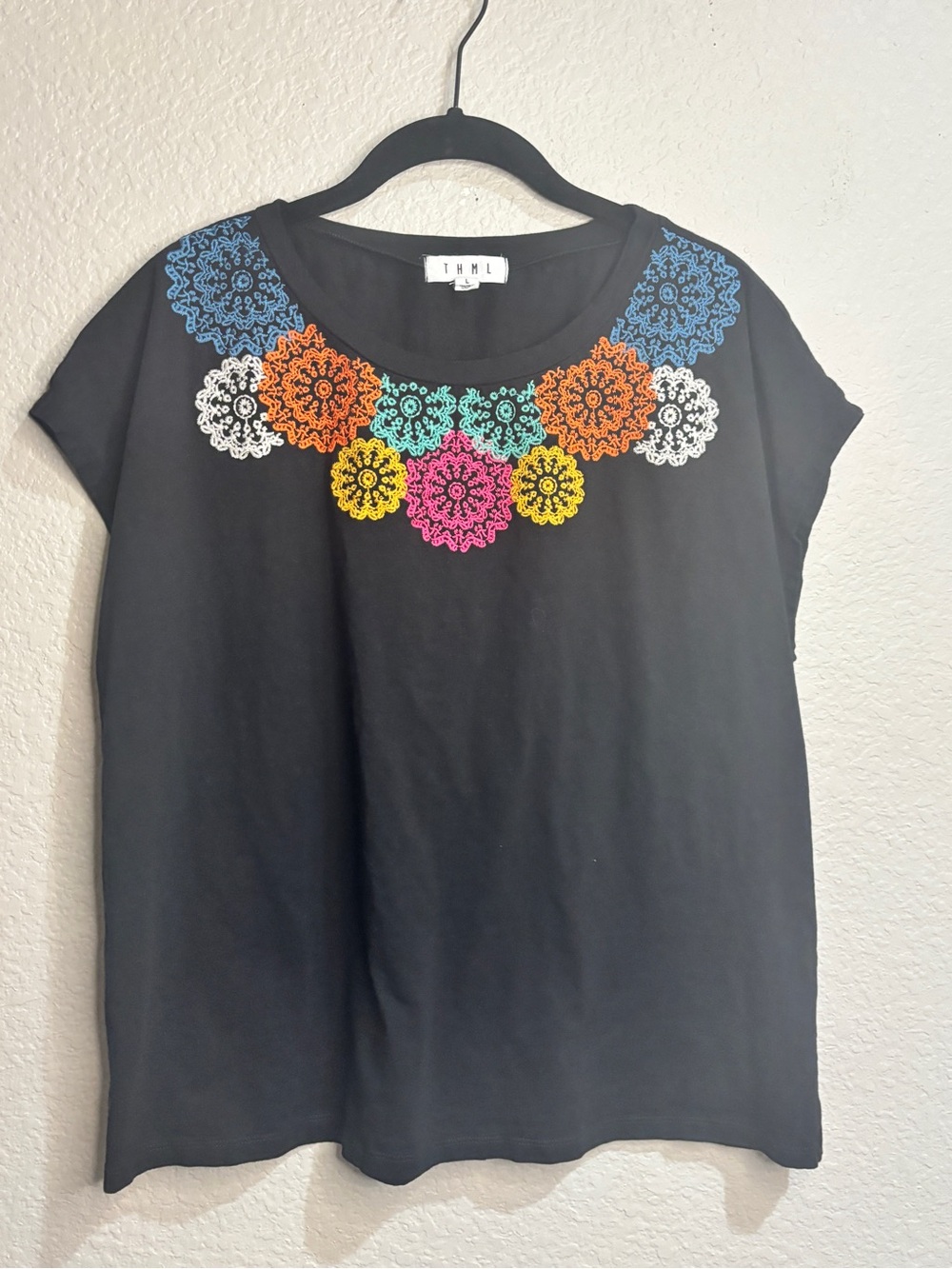 THML Black Short Sleeve Scoop Neck Top with Multicolor Floral Crochet - Picture 3 of 5